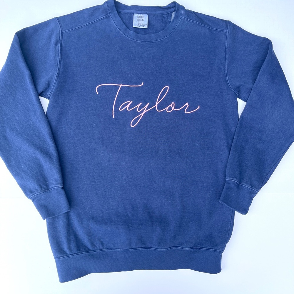 Taylor deep indigo blue sweat shirt with pink embroidery